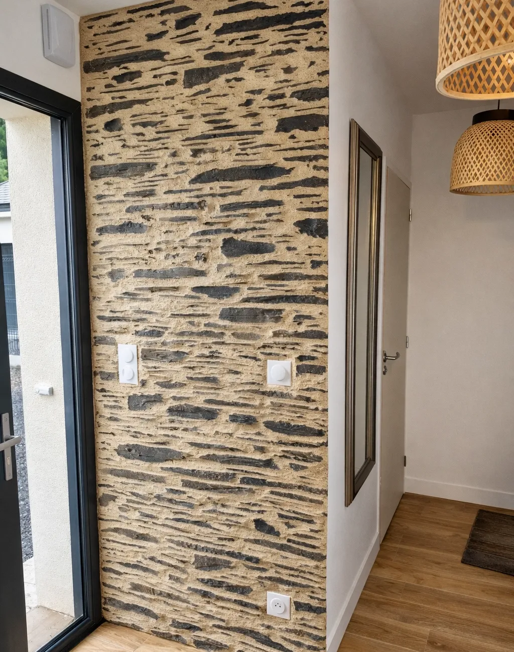 Mur en imitation pierre sèche dans une maison rénovée