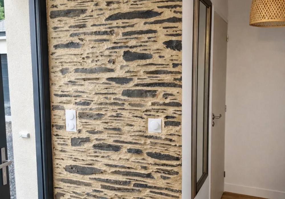 Mur en imitation pierre sèche dans une maison rénovée