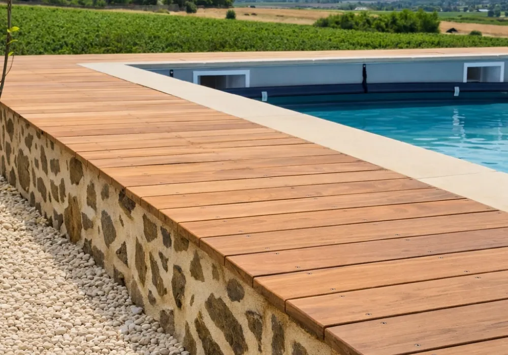 bord de piscine avec des murs en imitation pierre